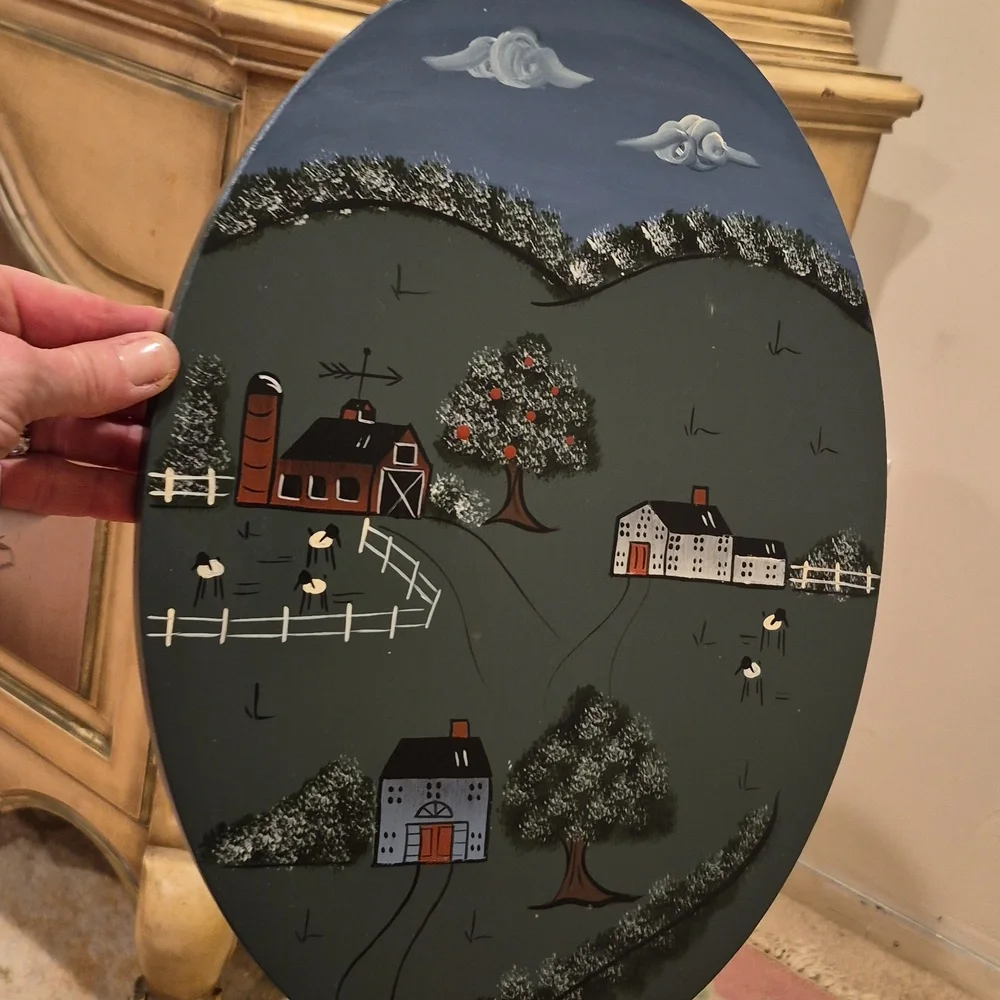 Vintage Wooden Hand-Painted  Oval Cottage Country Scene Tilt Tea Table